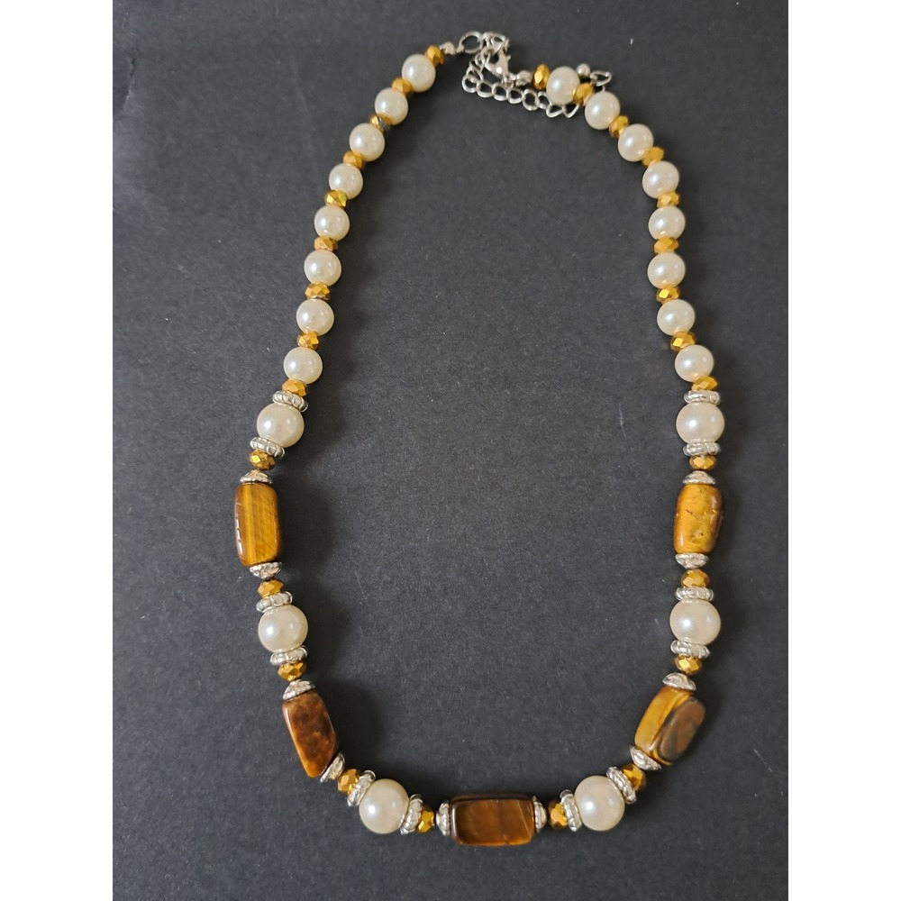 Tigers Eye and Faux Pearl Beaded Necklace Gold Silver Tone Mixed Metal Boho